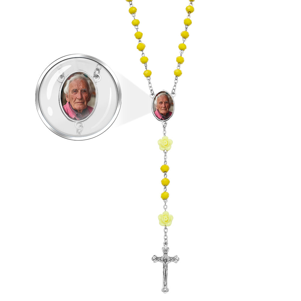 Custom Rosary Beads Cross Necklace Personalized Hip-Hop Style Multi-Color Crystal Necklace with Photo