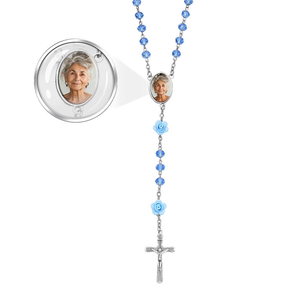 Custom Rosary Beads Cross Necklace Personalized Hip-Hop Style Multi-Color Crystal Necklace with Photo