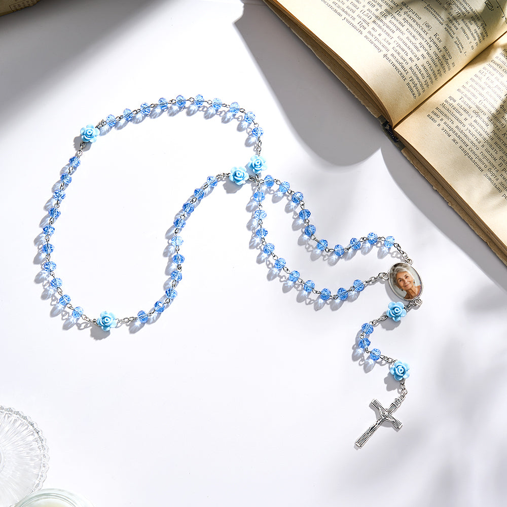 Custom Rosary Beads Cross Necklace Personalized Hip-Hop Style Multi-Color Crystal Necklace with Photo