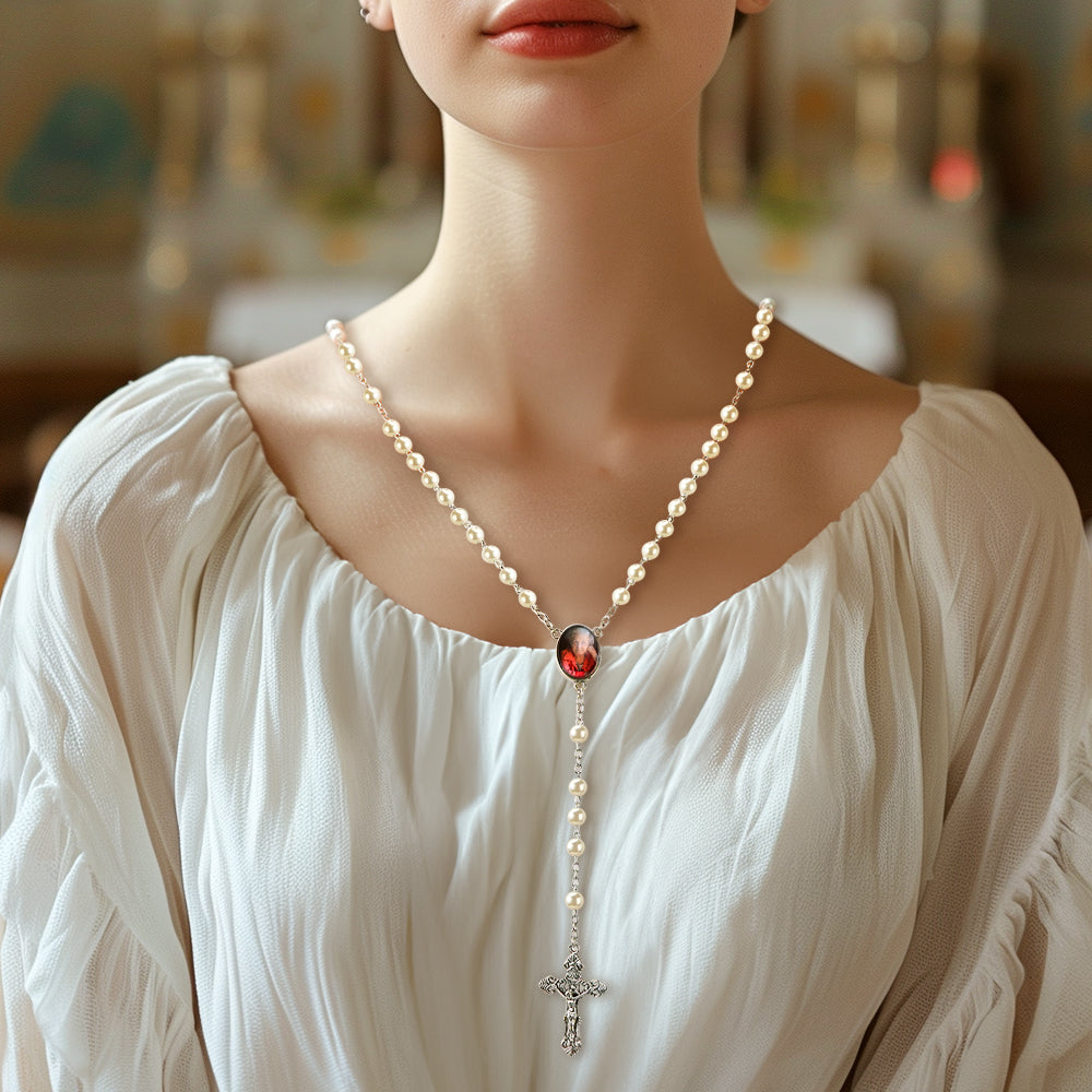 Custom Rosary Beads Cross Necklace Personalized White Imitation Pearls Necklace with Photo
