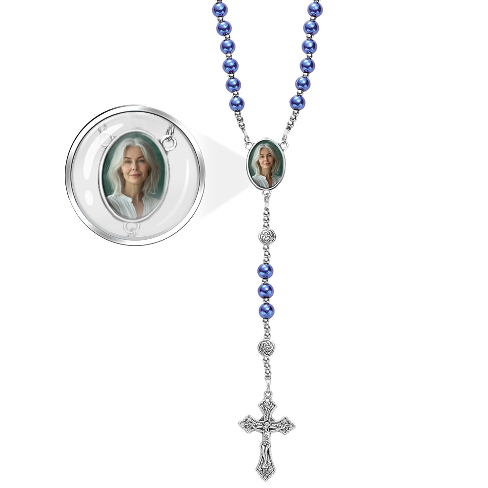 Custom Rosary Beads Cross Necklace Personalized Retro Glass Imitation Pearl Hollow Necklace with Photo