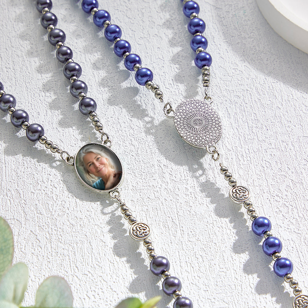 Custom Rosary Beads Cross Necklace Personalized Retro Glass Imitation Pearl Hollow Necklace with Photo