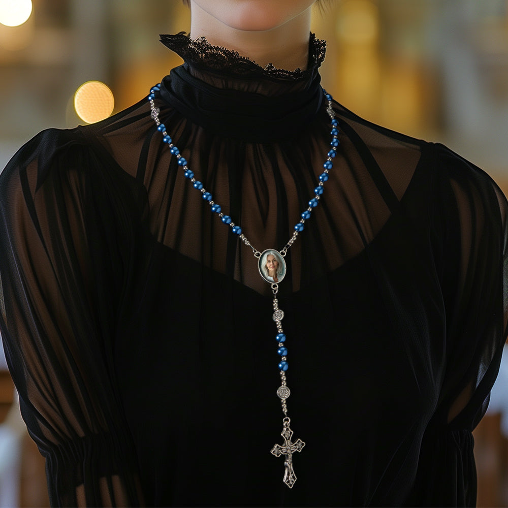 Custom Rosary Beads Cross Necklace Personalized Retro Glass Imitation Pearl Hollow Necklace with Photo