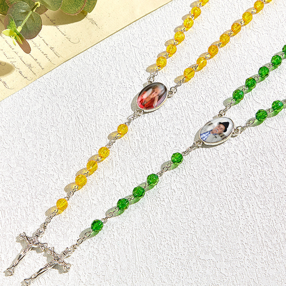 Custom Rosary Beads Cross Necklace Personalized Retro Style Handmade Bead Chain Necklace with Photo
