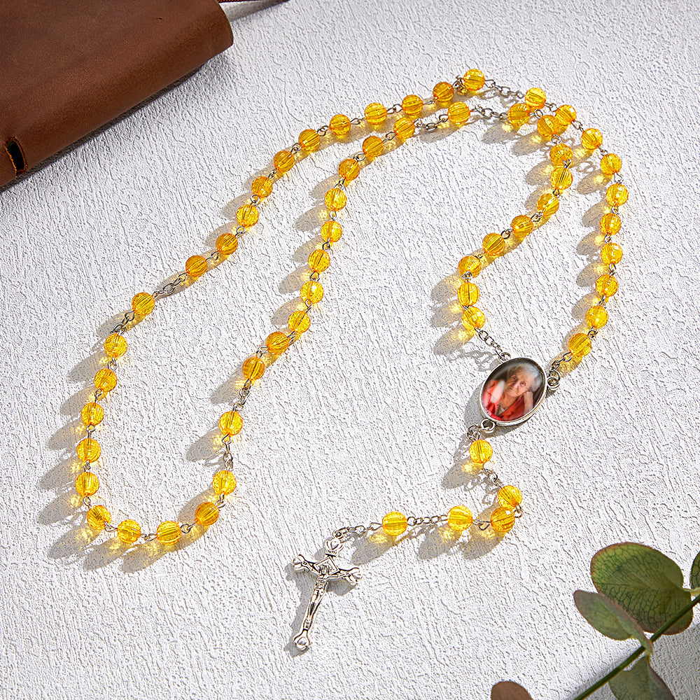 Custom Rosary Beads Cross Necklace Personalized Retro Style Handmade Bead Chain Necklace with Photo