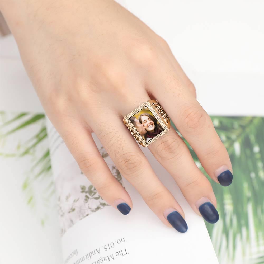 Mother's Gift Photo Ring Square Photo 14K Gold Plated