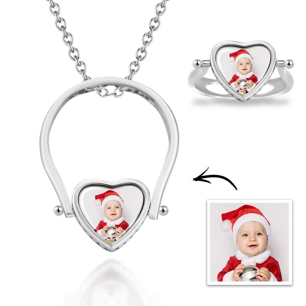 Photo Necklace, Photo Ring Couple's Gifts Dual-use (Ring Size 8#) 14k Gold Plated Silver