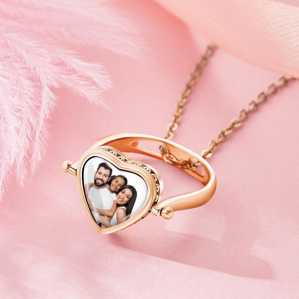 Photo Necklace, Photo Ring Couple's Gifts Dual-use (Ring Size 8#) Rose Gold Plated