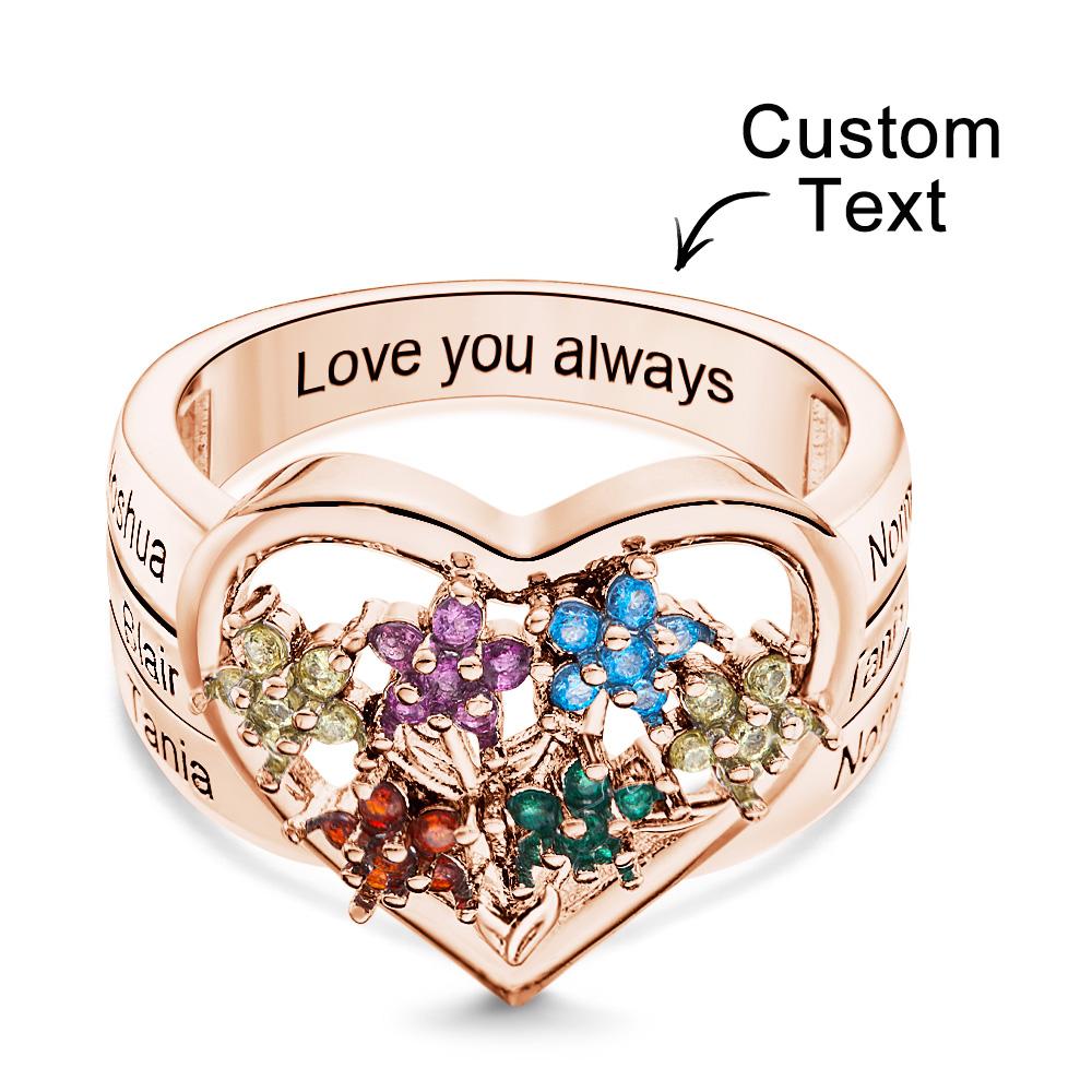 Custom Birthstone Engraved Rings Creative Flowers Rose Gold Gifts