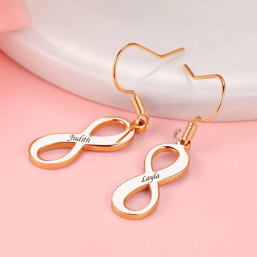 Custom Engraved Earrings Name Drop Earrings with Infinity Earrings Rose Gold Plated