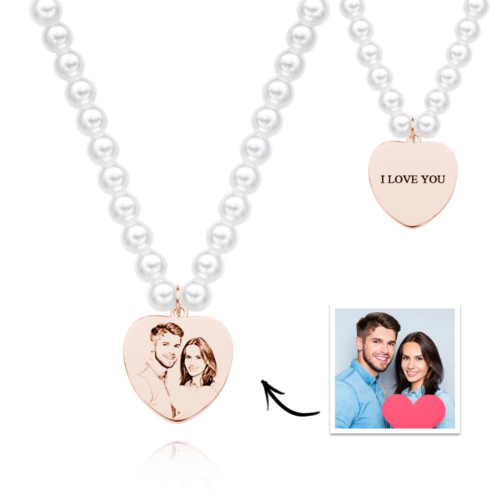 Custom Photo Engraved Necklace Pearl Chain Heart Gift