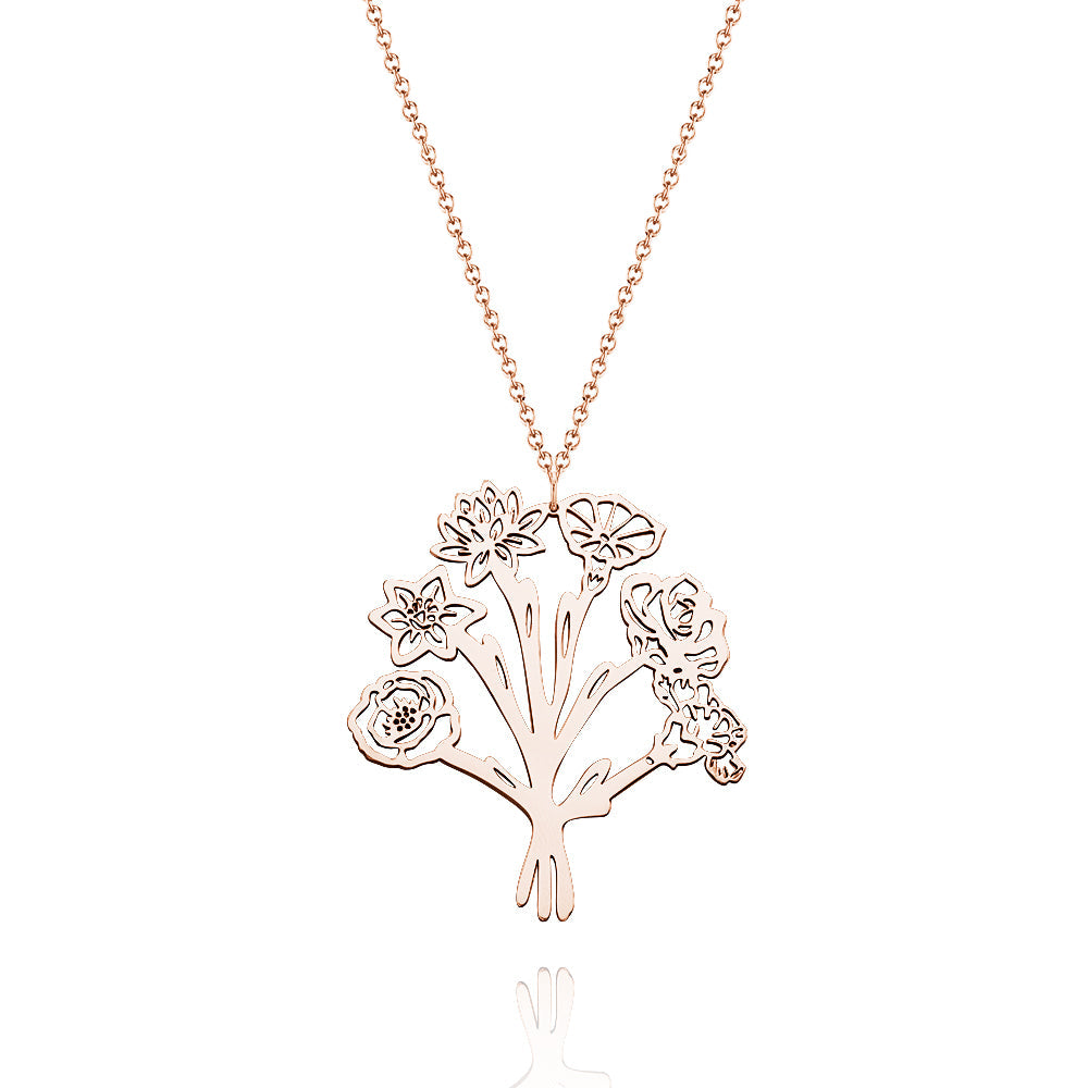 Personalized Combined Birth Flower Bouquet Necklace Gift for Mom