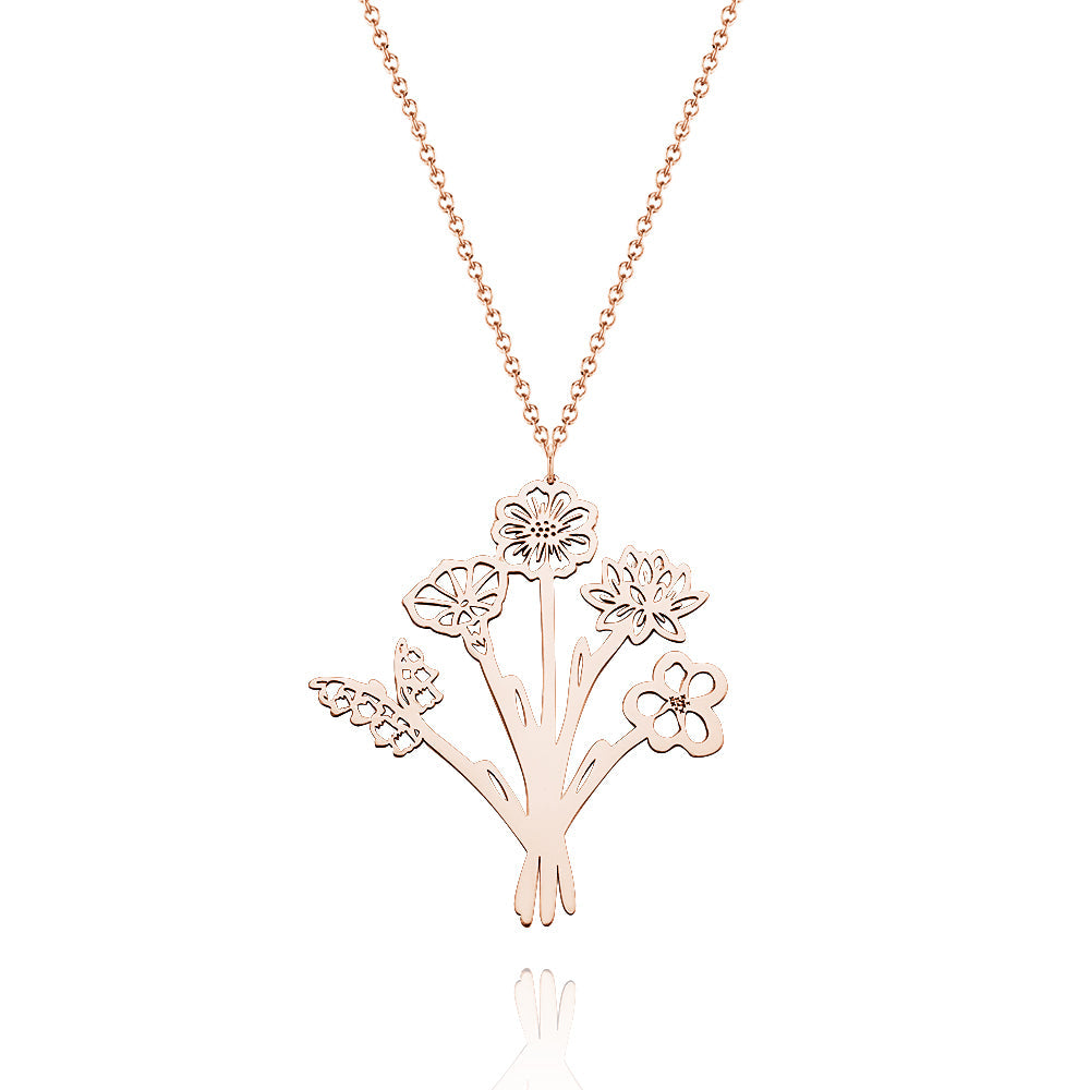 Personalized Combined Birth Flower Bouquet Necklace Gift for Mom