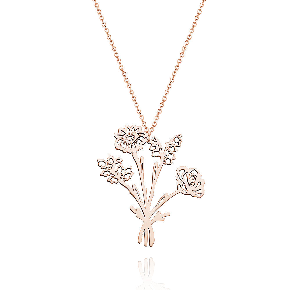 Personalized Combined Birth Flower Bouquet Necklace Gift for Mom