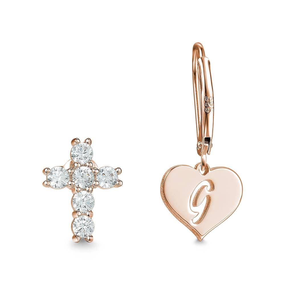 Initial Drop Earrings, Asymmetry Earrings Hollow Letter with Cross Rose Gold Plated