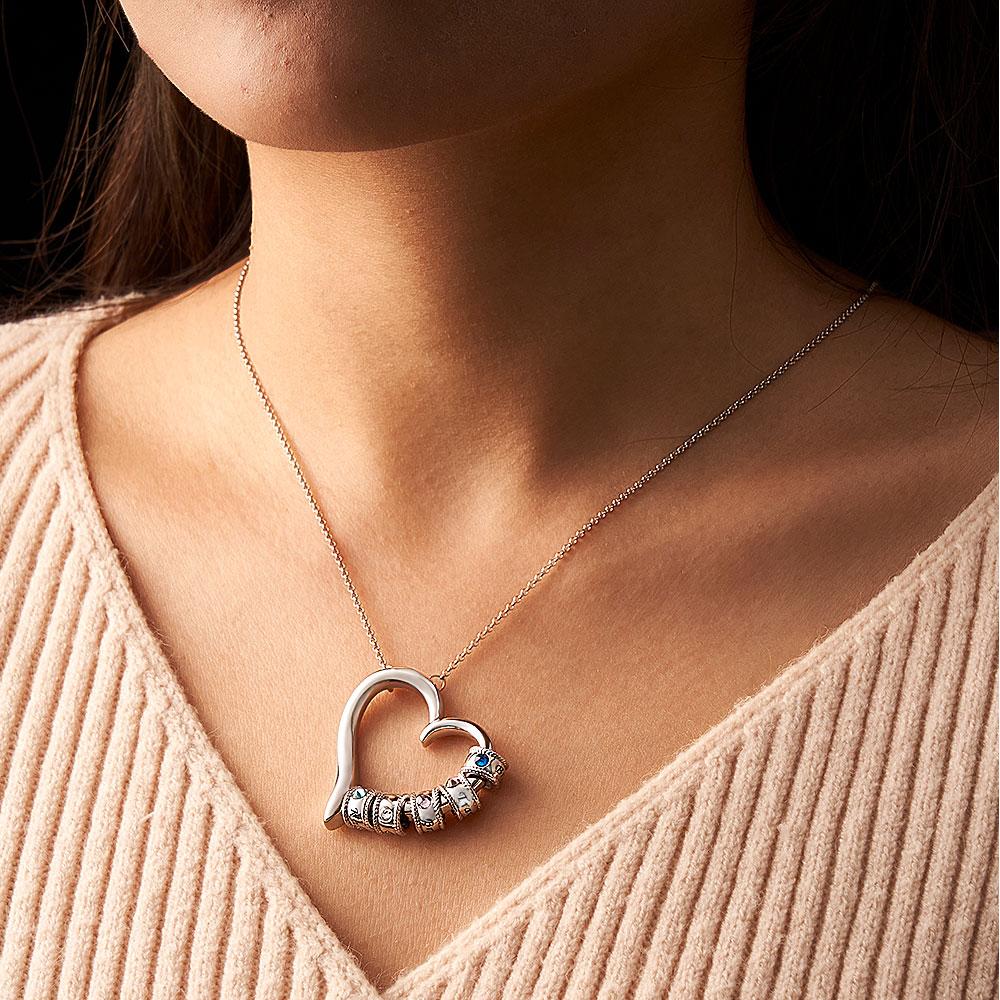 Custom Engraved Heart Necklace With Birthstone Beads Charming Necklace for Mom