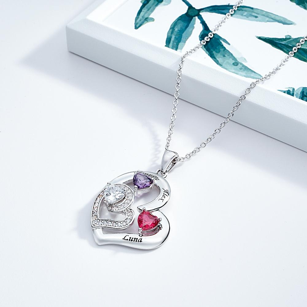Personalized Heart Birthstone Necklace Charming Engraved Pendant Jewelry Gift For Her