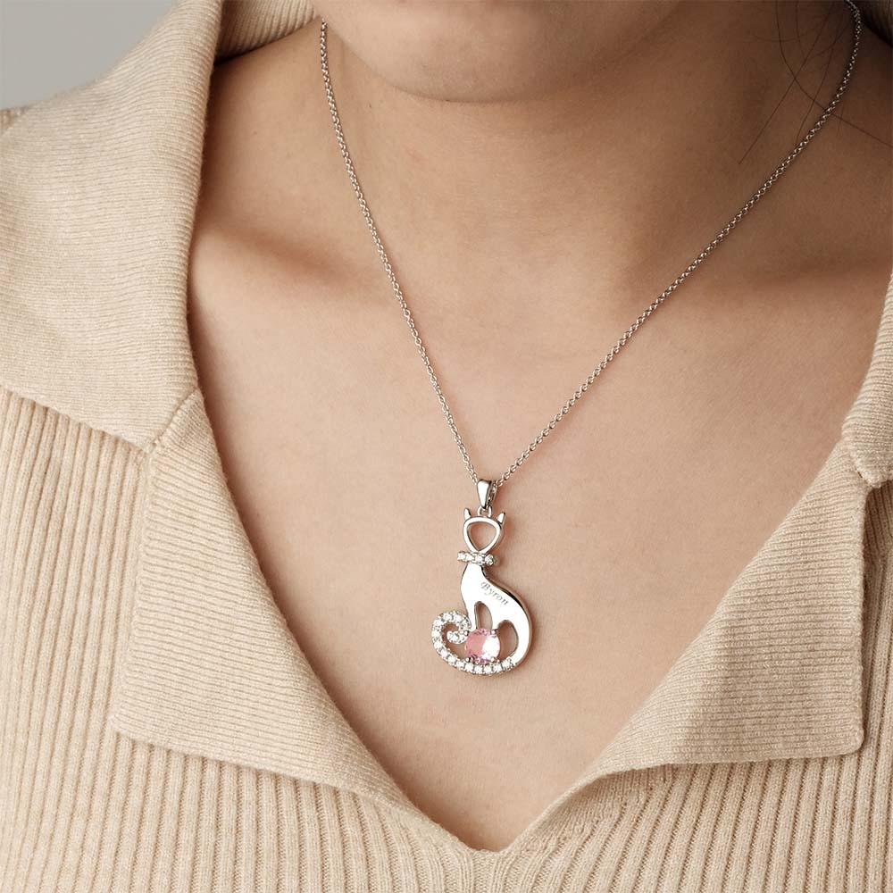 Lovely Cat Birthstone Necklace With Text Unique Zircon Pendant Jewelry Gifts For Women