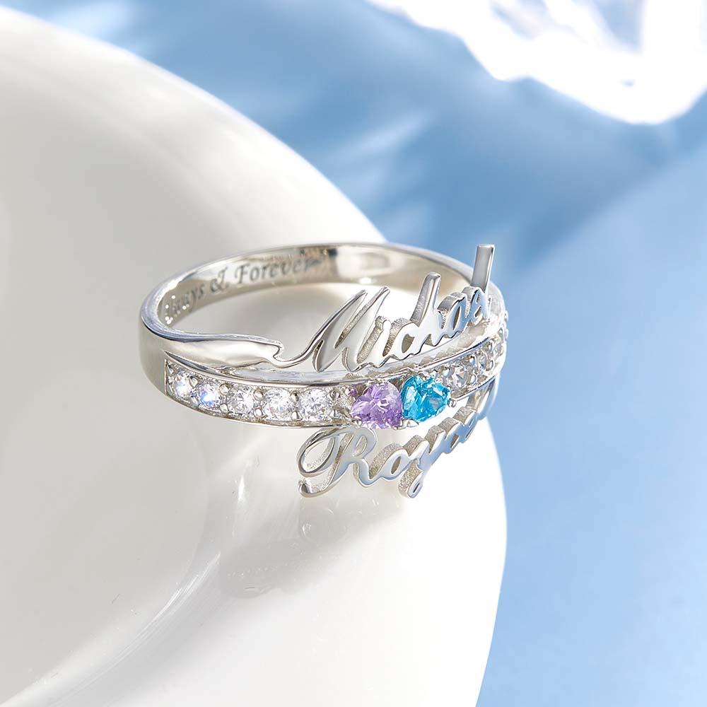 Custom Name and Text Double Heart Birthstone Promise Ring Anniversary Gift