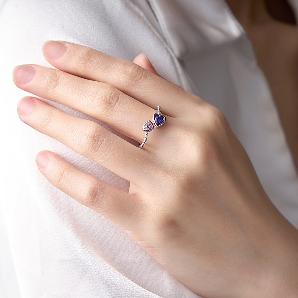 Personalized Birthstones Ring Adjustable Open Double Heart Ring Gift for Her