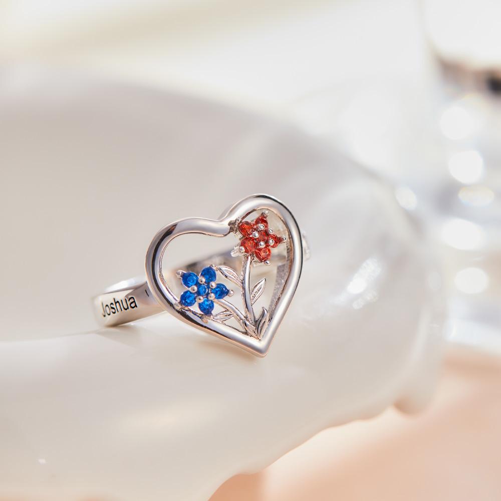 Custom Birthstone Engraved Rings Creative Flowers Silver Gifts