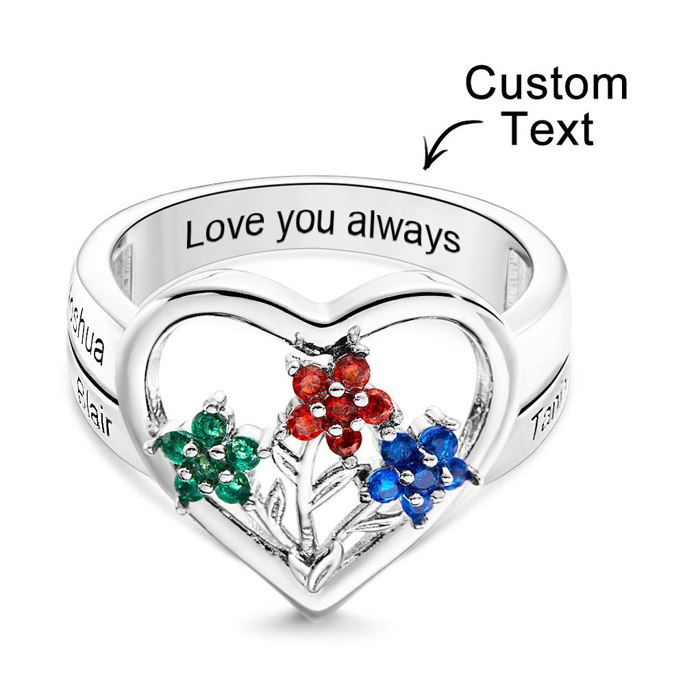 Custom Birthstone Engraved Rings Creative Flowers Silver Gifts