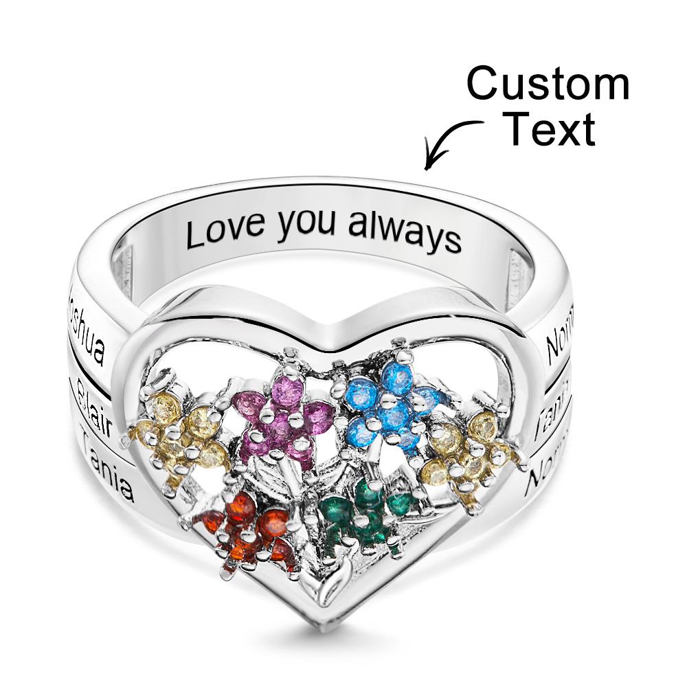 Custom Birthstone Engraved Rings Creative Flowers Silver Gifts