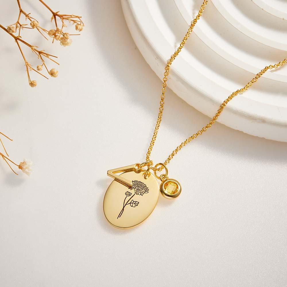 Personalized Text Birthstone Necklace Birth Flower Necklace Gift for Mom