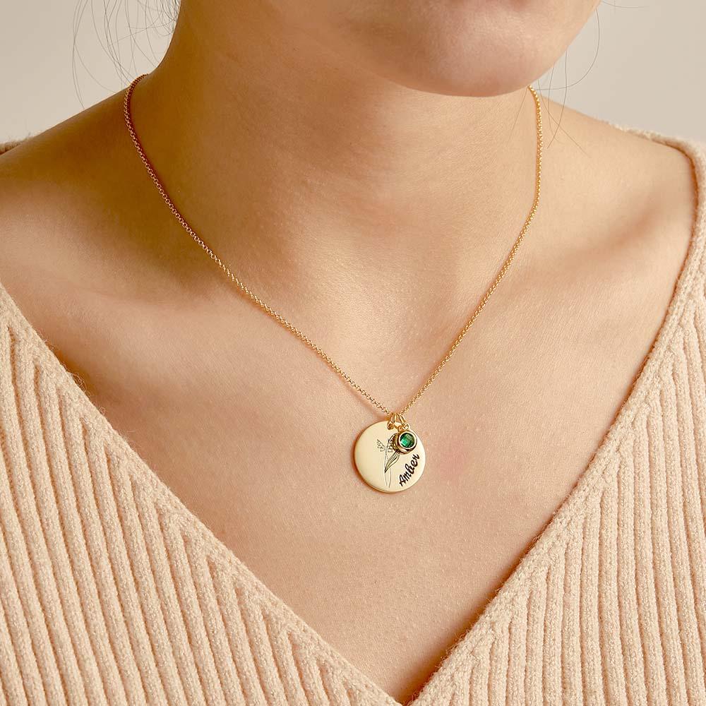 Personalized Birth Flower Name Necklace with Birthstone Mother's Day Gift