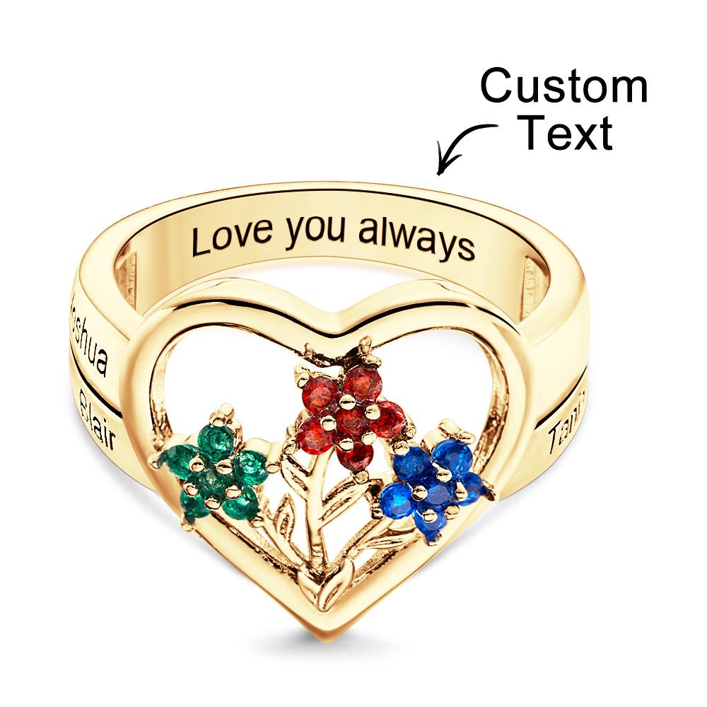 Custom Birthstone Engraved Rings Creative Flowers Gold Gifts