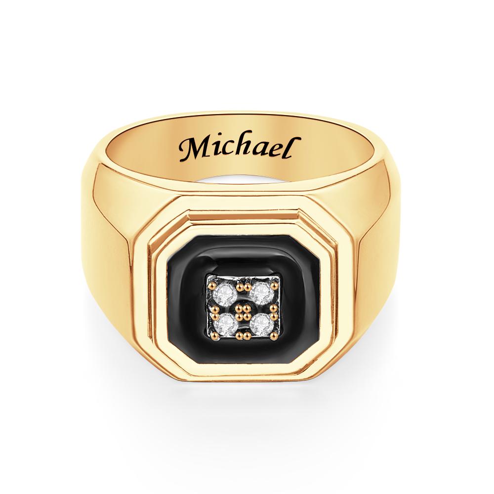 Engraved Ice Ring Black Decor Bright Stone Jeweley Ring For Men