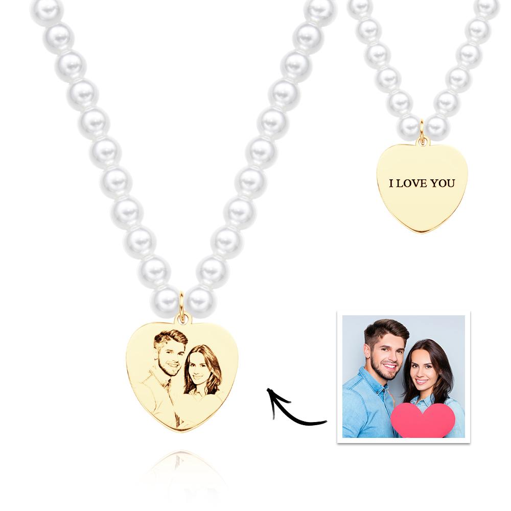 Custom Photo Engraved Necklace Pearl Chain Heart Gift