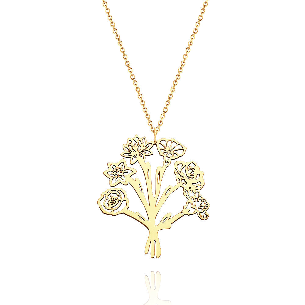 Personalized Combined Birth Flower Bouquet Necklace Gift for Mom