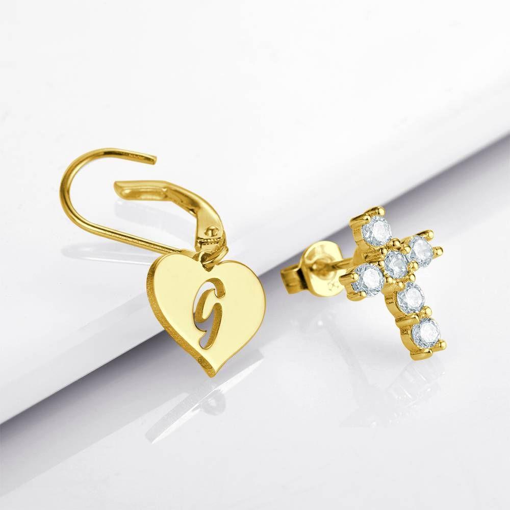 Initial Drop Earrings, Asymmetry Earrings Hollow Letter with Cross 14K Gold Plated - Golden