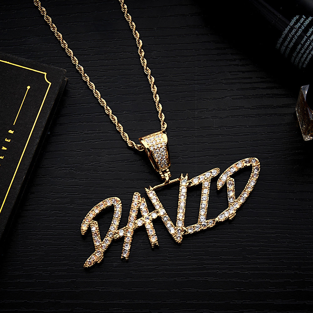 Custom Name Necklace Pendant Graffiti Style Necklace Cubic Zirconia Diamond Simulant