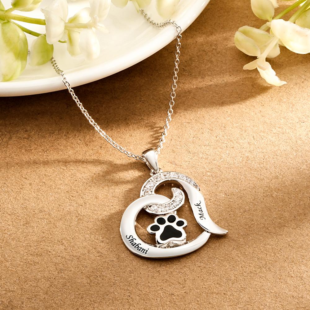 Custom Engraved Necklace With Pet Paw Decor Zircon Necklace Gifts For Her