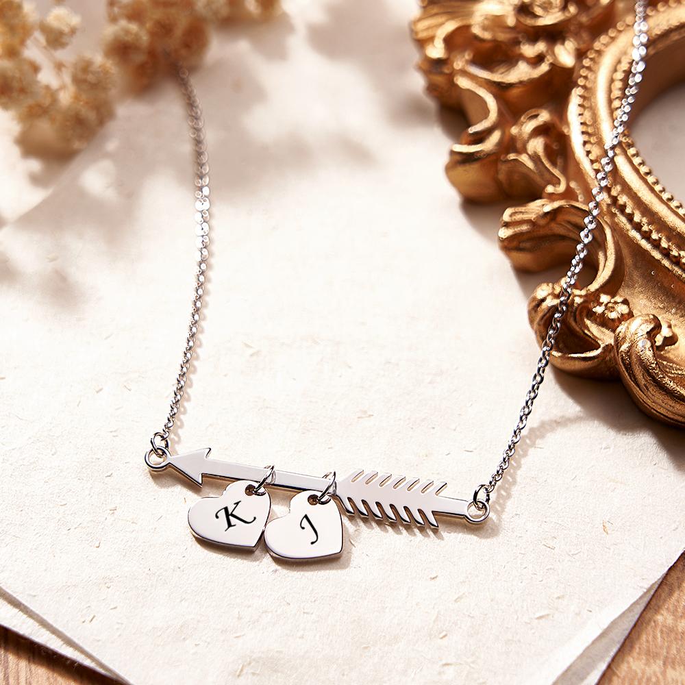 Custom Fish Bones Initial Necklace Heart Shape Pendant Engraved Text Gift for Her