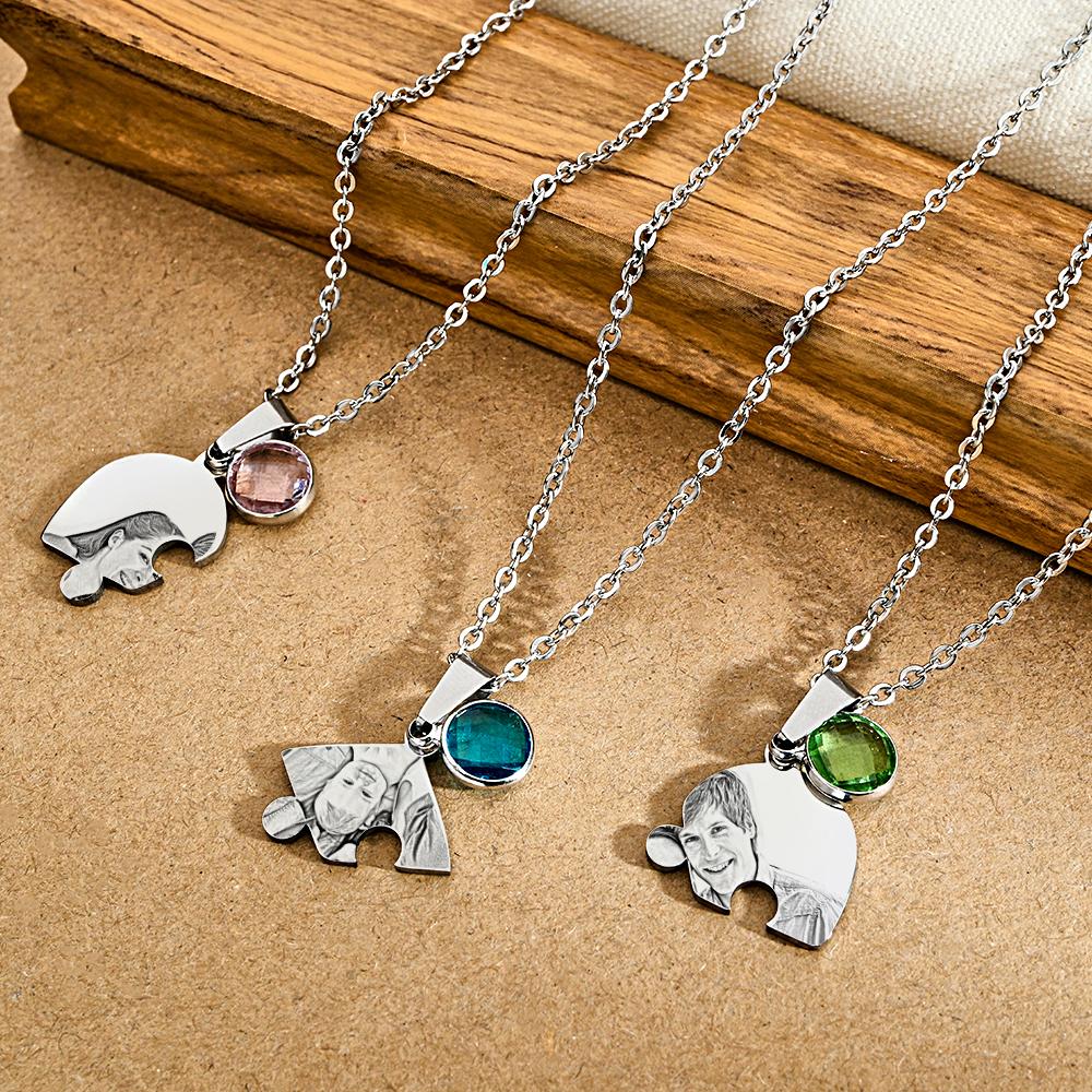 Personalized Photo Three Heart Puzzle Necklace With Birthstone Pendant Jewelry Gifts For Family