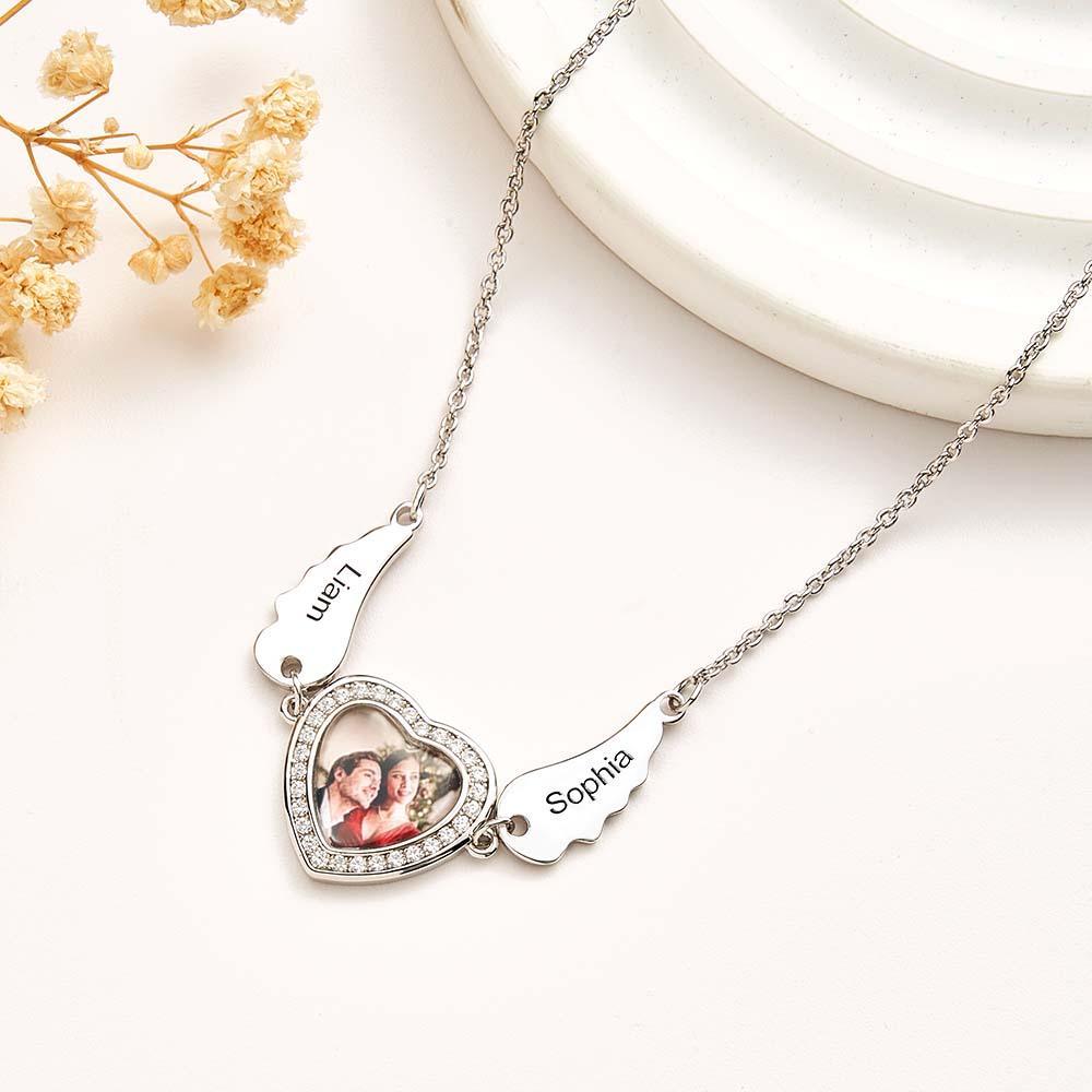 Custom Photo Angle Wings Necklace Zircon Decor Heart Pendant Necklace Gifts For Her