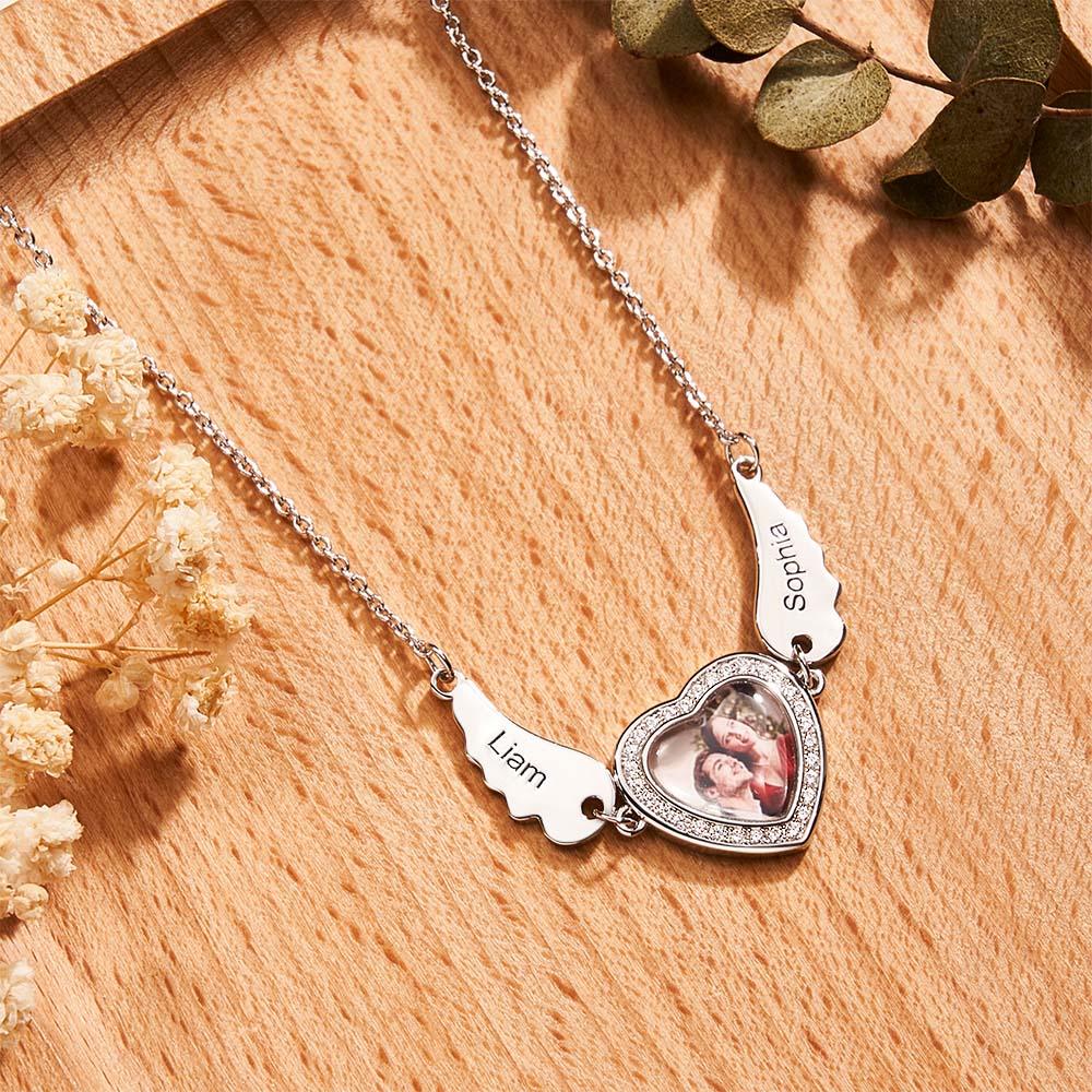 Custom Photo Angle Wings Necklace Zircon Decor Heart Pendant Necklace Gifts For Her