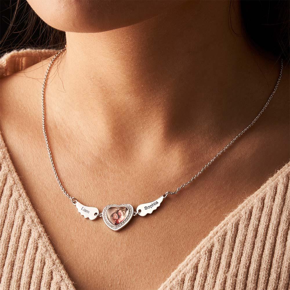 Custom Photo Angle Wings Necklace Zircon Decor Heart Pendant Necklace Gifts For Her