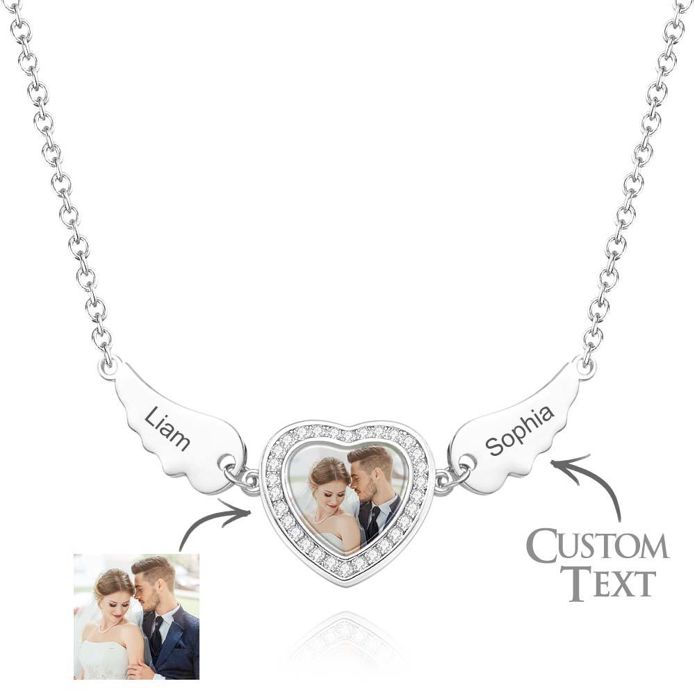 Custom Photo Angle Wings Necklace Zircon Decor Heart Pendant Necklace Gifts For Her