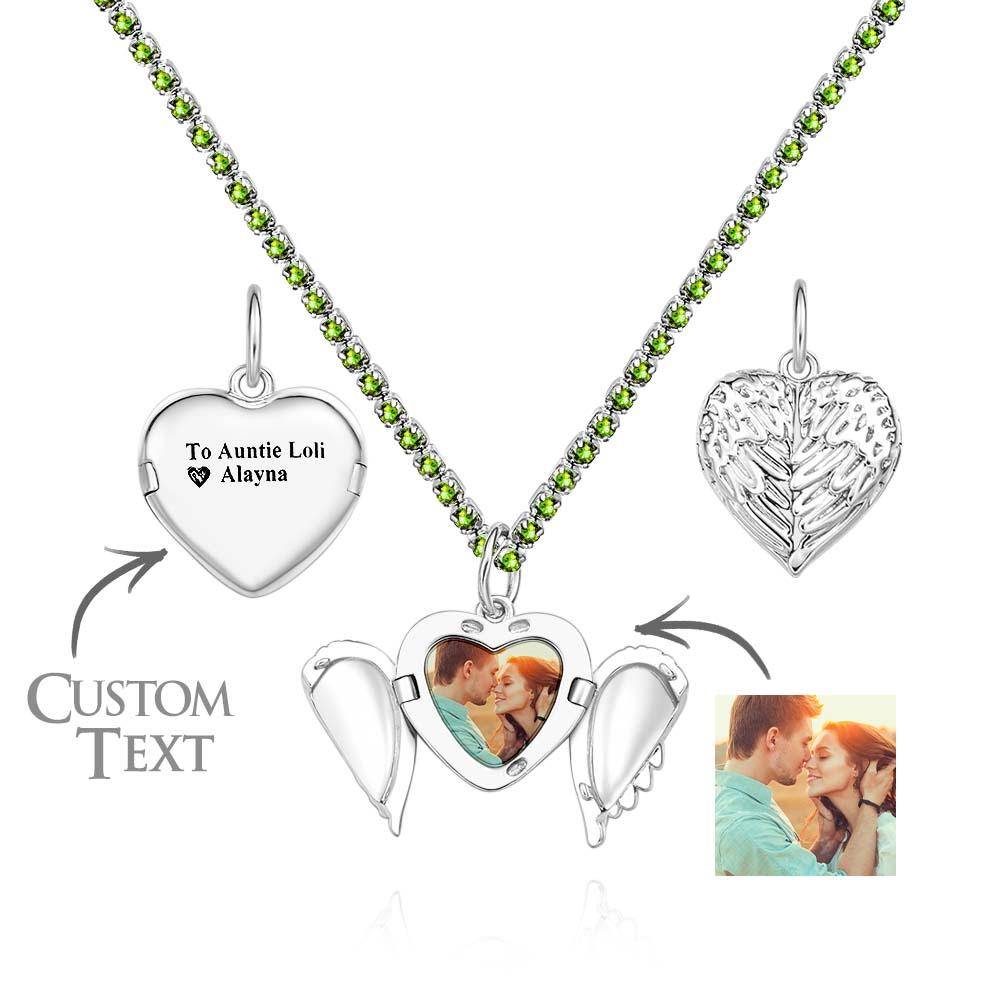 Engravable Photo Locket Necklace Tennis Chain Personalized Heart Angel Wings Gift For Her