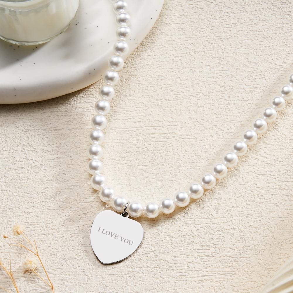 Custom Photo Engraved Necklace Pearl Chain Heart Gift