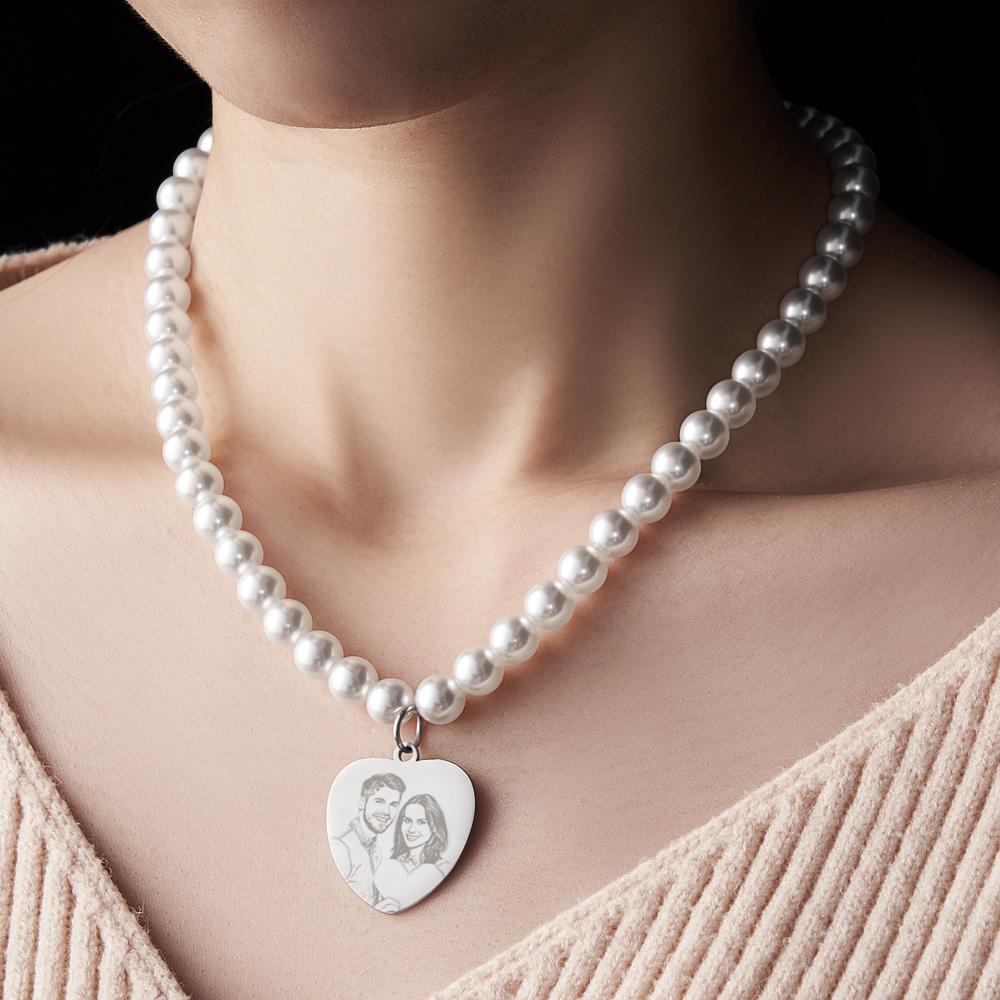 Custom Photo Engraved Necklace Pearl Chain Heart Gift