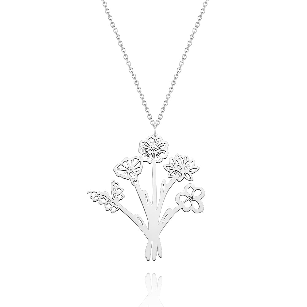 Personalized Combined Birth Flower Bouquet Necklace Gift for Mom