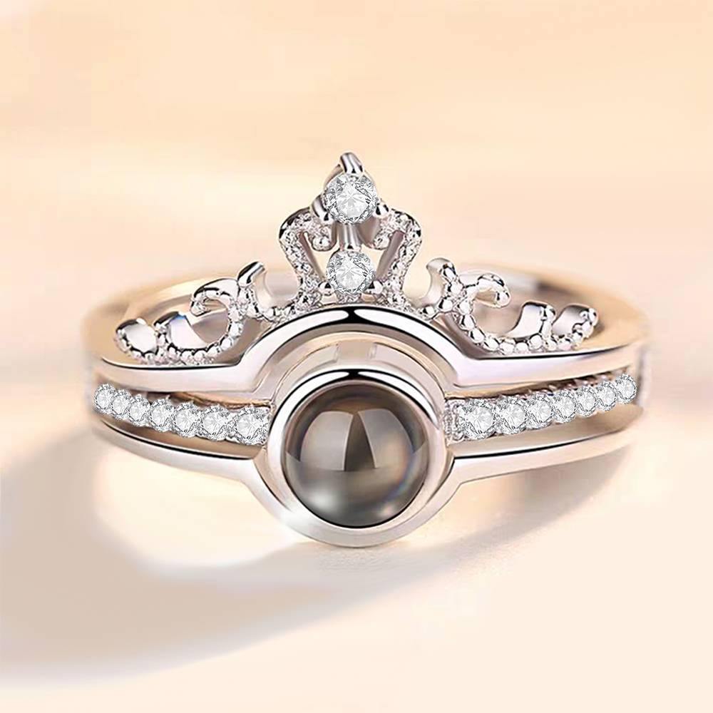 I Love You Ring in 100 Languages Projection Engraved Crown Ring, Romantic Gift Couples Two in One Silver
