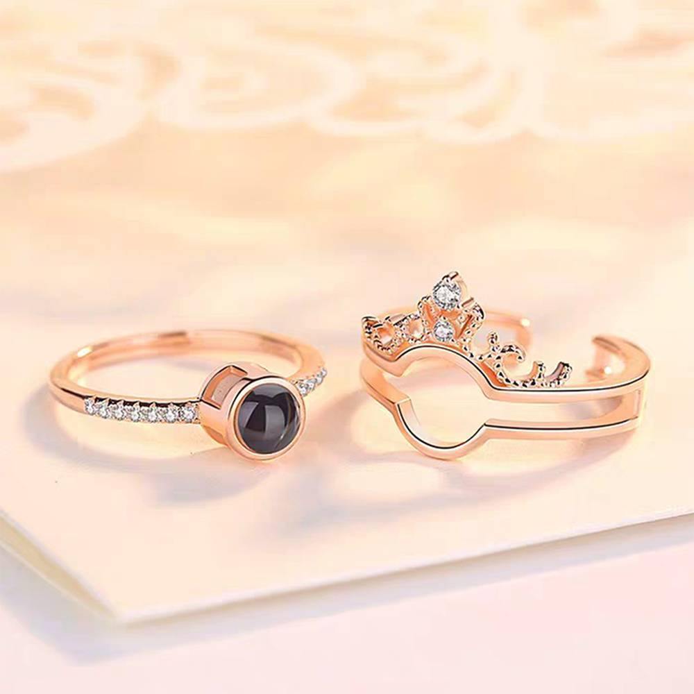 I Love You Ring in 100 Languages Projection Engraved Crown Ring, Romantic Gift Two in One Rose Gold Plated - Silver