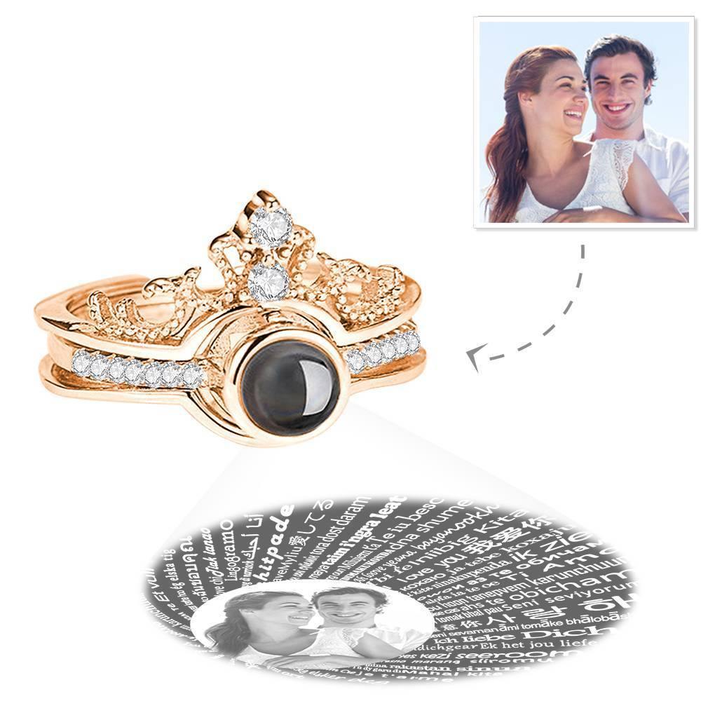 I Love You Ring in 100 Languages Projection Photo Engraved Crown Ring, Romantic Gift Two in One Rose Gold Plated - Silver