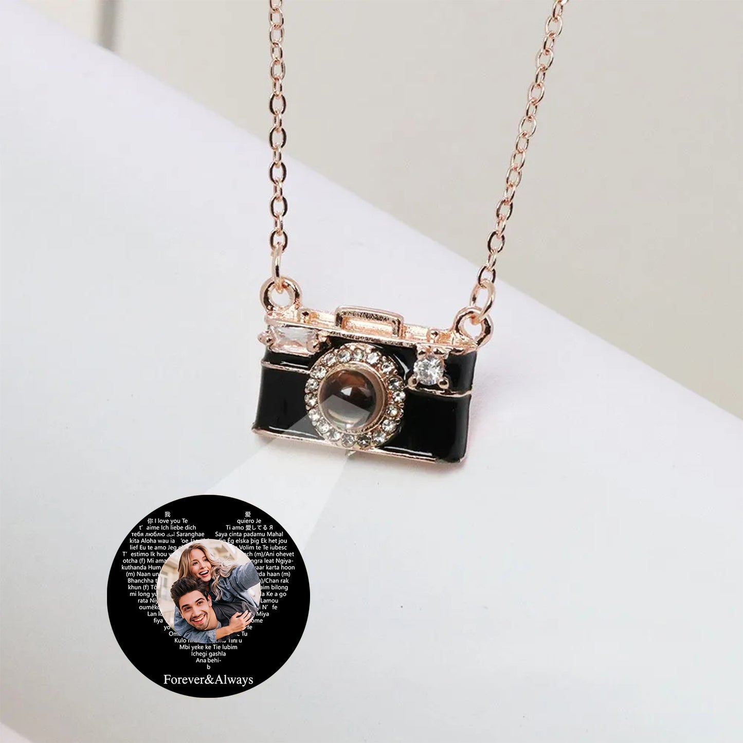 Personalized Photo Necklace I Love You 100 Languages Projection Gem Camera Necklace Anniversary Gifts for Her